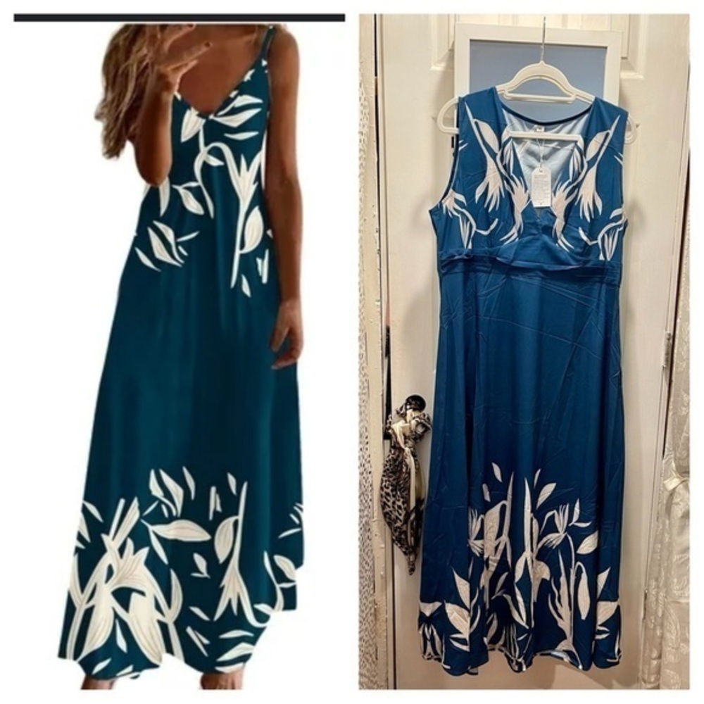 NWT Beautiful blue Hawaiian sundress with V-neck w/ floral cream pattern💐